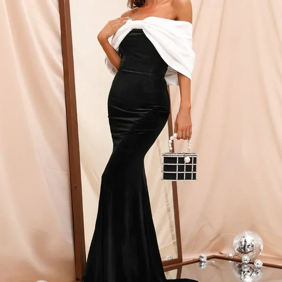 Black Preppy Womens Color Block Off Shoulder Ruched Bust Velvet Prom Dress - Picture 5 of 5